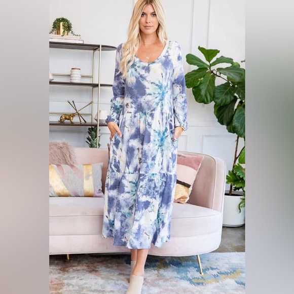 Sweet Lovely by Jen Tie Dye Midi Dress in navy mix - Picture 2 of 5